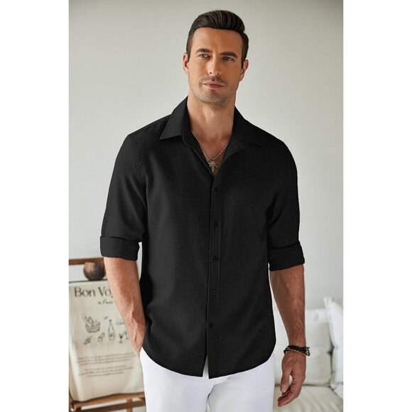 Men Black Long Sleeve Button Down Linen Shirt Casual Untucked Chambray Shirt - Picture 3 of 6